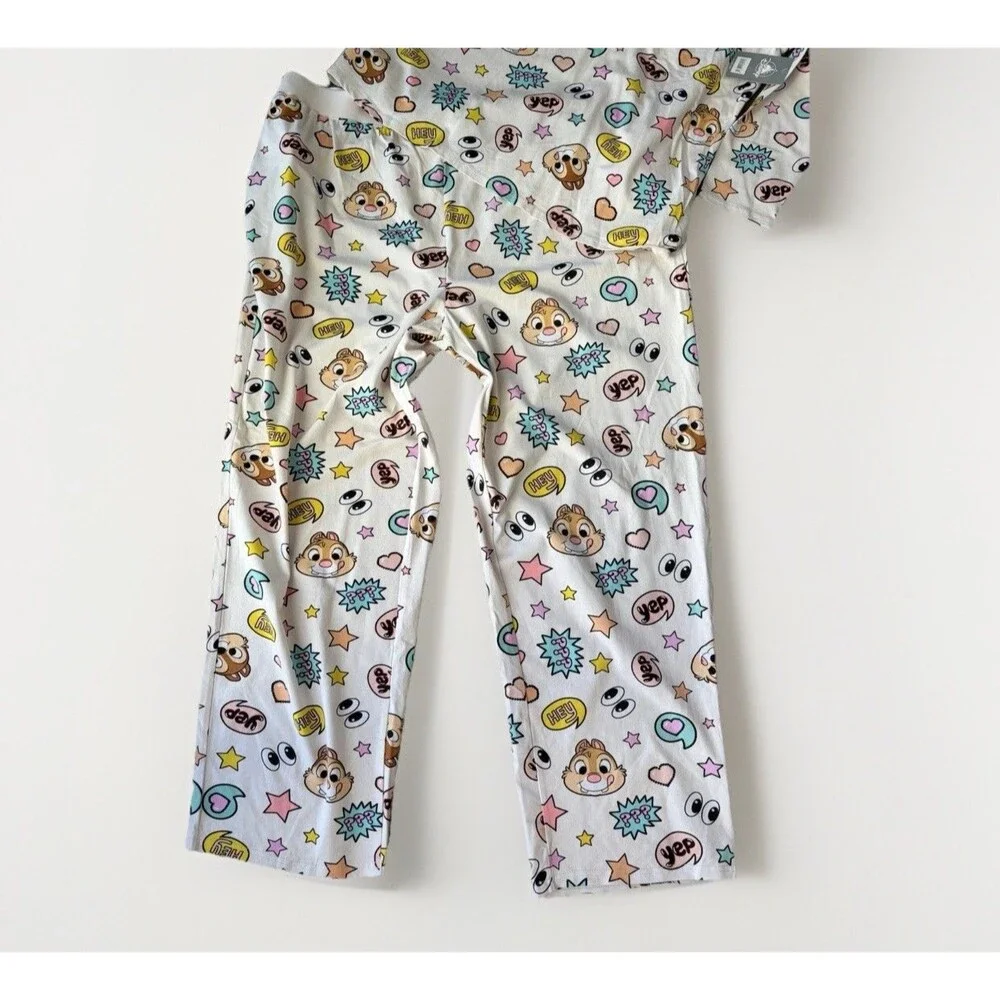 Disney Chip And Dale Women’s Pajama Set Size 1X NWT White Two Piece Organic Cott